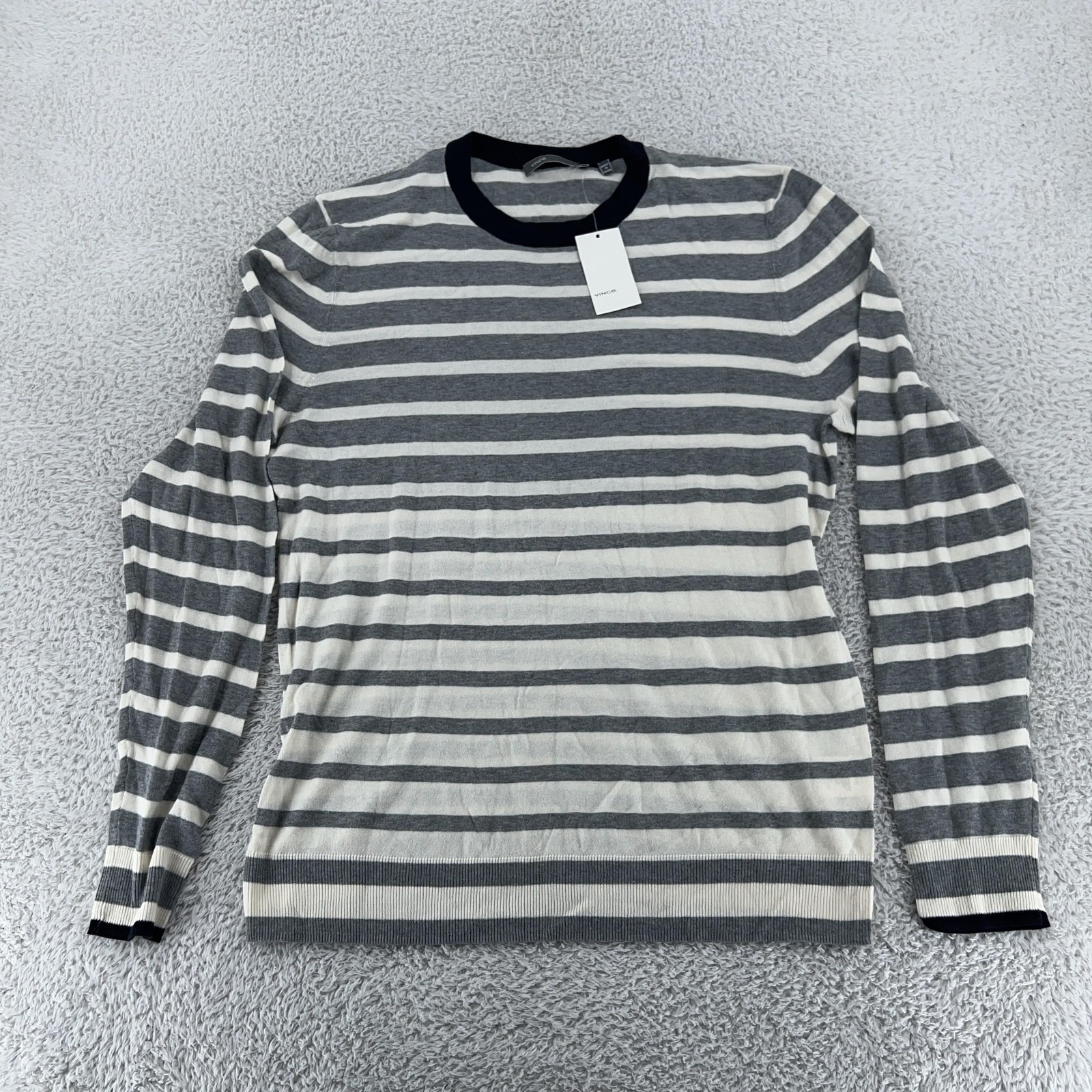 Vince Sweater Mens Large Gray White Striped Crewneck Pullover Lightweight Cotton